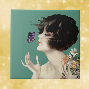  Kunst Deco Lady Butterfly  bloemen Tegeltje