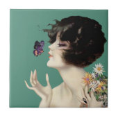 Kunst Deco Lady Butterfly bloemen Tegeltje (Voorkant)