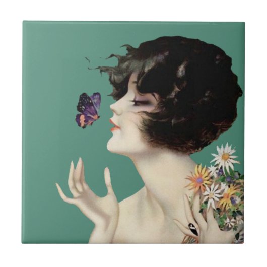  Kunst Deco Lady Butterfly  bloemen Tegeltje (Voorkant)