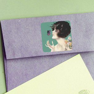 Kunst Deco Lady Butterfly bloemen Vierkante Sticker