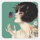  Kunst Deco Lady Butterfly  bloemen Vierkante Sticker (Voorkant)