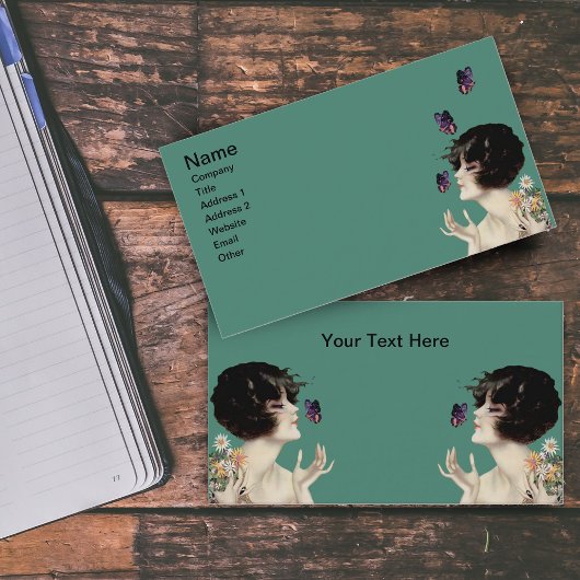 Kunst Deco Lady Butterfly  bloemen Visitekaartje