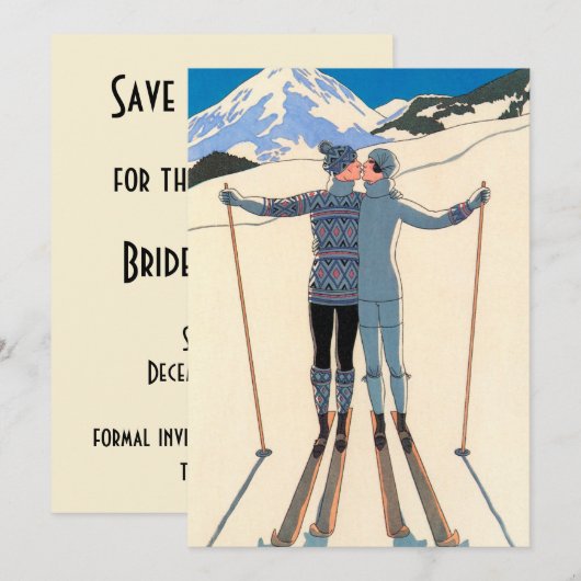  kunst Deco Love Kiss Skis Snow Save the Date (Voorkant / Achterkant)