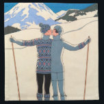 Kunst Deco, Lovers in Snow door George Barbier Servet<br><div class="desc">illustratiekunst deco liefde en romance ontwerp met een man en een vrouw die zoenen op de skipistes van een mooi oord. Een jong koppel op vakantie kus op een sneeuw bedekte berg in de winter. L'Hiver (ook bekend als Winter: Lovers in the Snow) van kunstenaar George Barbier,  1925.</div>