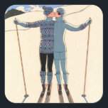 Kunst Deco, Lovers in Snow door George Barbier Vierkante Sticker<br><div class="desc">illustratiekunst deco liefde en romance ontwerp met een man en een vrouw die zoenen op de skipistes van een mooi oord. Een jong koppel op vakantie kus op een sneeuw bedekte berg in de winter. L'Hiver (ook bekend als Winter: Lovers in the Snow) van kunstenaar George Barbier,  1925.</div>