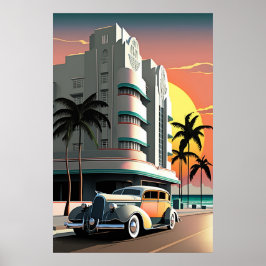 Kunst Deco Miami Beach Ocean Drive zonsondergang Poster