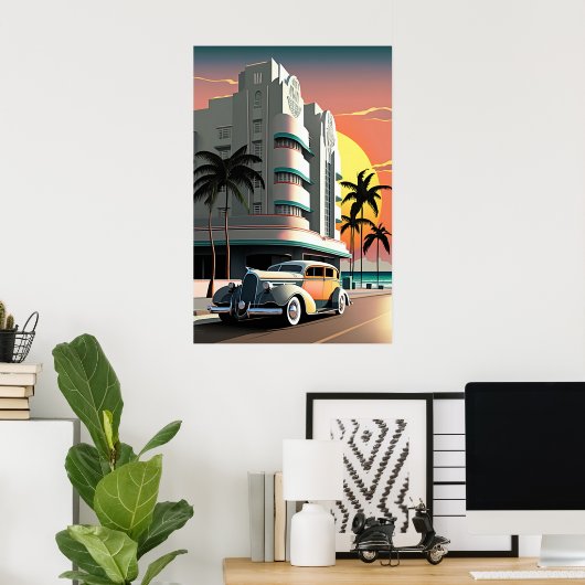 Kunst Deco Miami Beach Ocean Drive zonsondergang Poster (Thuiskantoor)