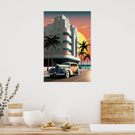 Kunst Deco Miami Beach Ocean Drive zonsondergang Poster (Keuken)