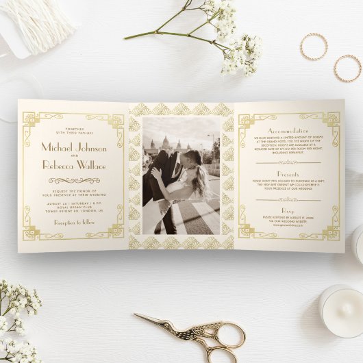 kunst Deco Style Ivory en Gold Wedding Drieluik Uitnodiging