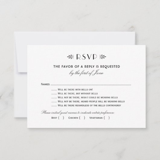  kunst deco trouwert grappig met bellen op RSVP kaartje (Voorkant)