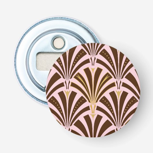 Kunst Deco ventilatorpatroon - chocolade op roze Button Flesopener (Voorkant)