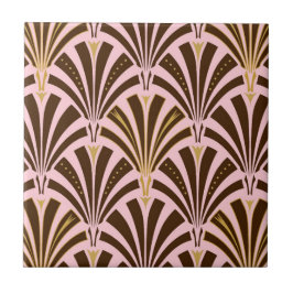 Kunst Deco ventilatorpatroon - chocolade op roze Tegeltje