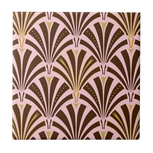 Kunst Deco ventilatorpatroon - chocolade op roze Tegeltje (Voorkant)