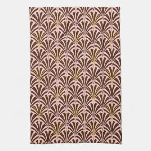 Kunst Deco ventilatorpatroon - chocolade op roze Theedoek