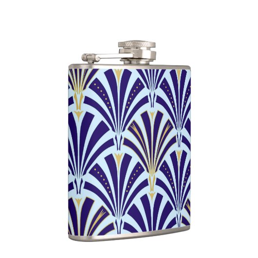 Kunst Deco-ventilatorpatroon - kobalt en hemelblau Heupfles (Rechts)