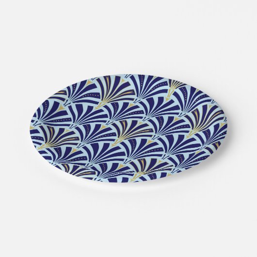 Kunst Deco-ventilatorpatroon - kobalt en hemelblau Papieren Bordje (Gekanteld)