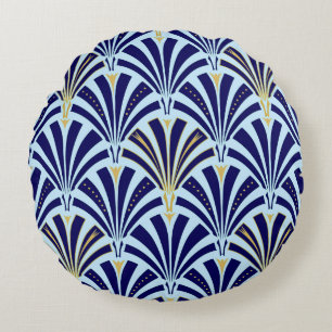 Kunst Deco-ventilatorpatroon - kobalt en hemelblau Rond Kussen