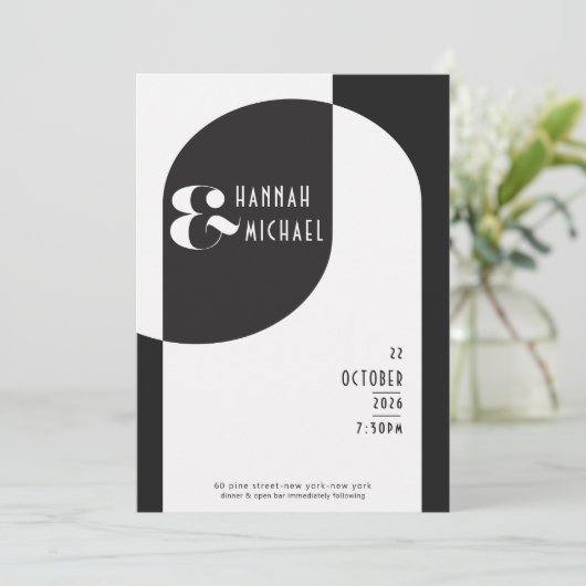 Kunst Deco Wedding White Black Uitnodiging (Staand voorkant)