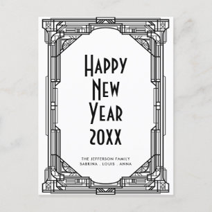 Kunst deco zwart-wit, gelukkig nieuwjaar briefkaart