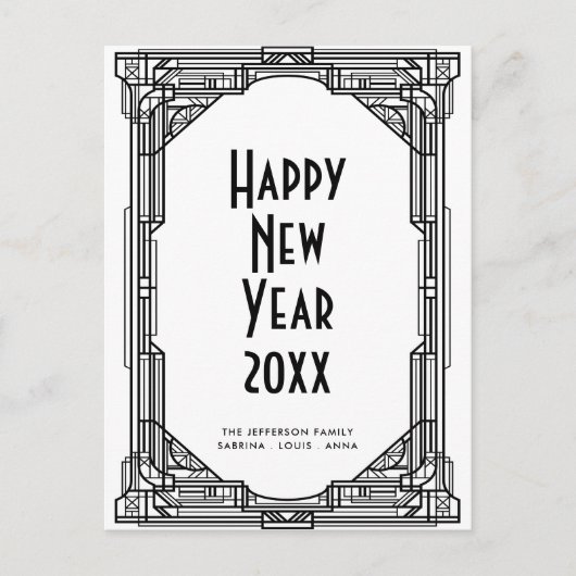 Kunst deco zwart-wit, gelukkig nieuwjaar briefkaart (Voorkant)