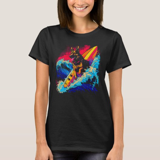 Kunst Duits Herder Hond Surf Surfen T-shirt (Voorkant)