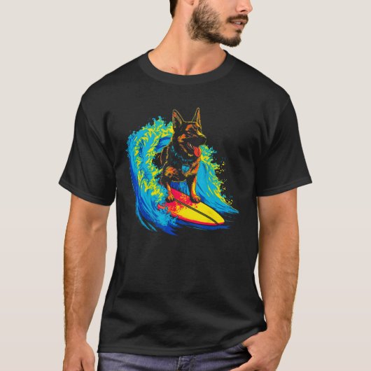 Kunst Duitse Herdershond Cool Surfen T-shirt (Voorkant)
