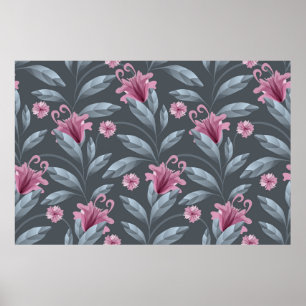 Kunst florale  naadloos patroon. Maroon transl Poster