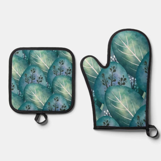 Kunst Groene bladeren patroon Ovenwant & Pannenlap Set (Voorkant)