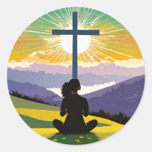 Kunst illustratie van vrouw zit te bidden ronde sticker