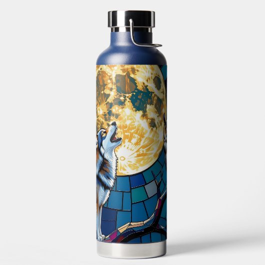 Kunst in mozaïekstijl van wolf en uil waterfles (Links)
