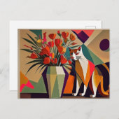 Kunst kat met bloemen briefkaart (Voorkant / Achterkant)