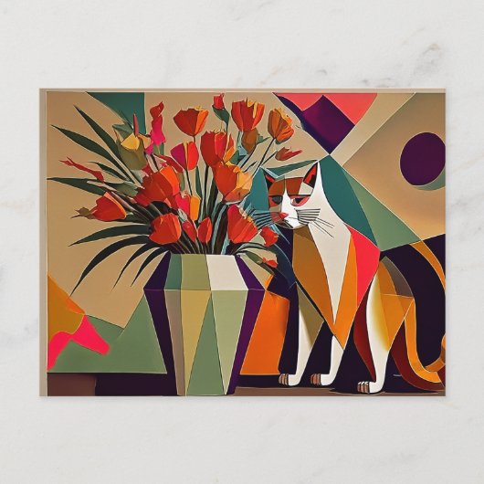 Kunst kat met bloemen briefkaart (Voorkant)