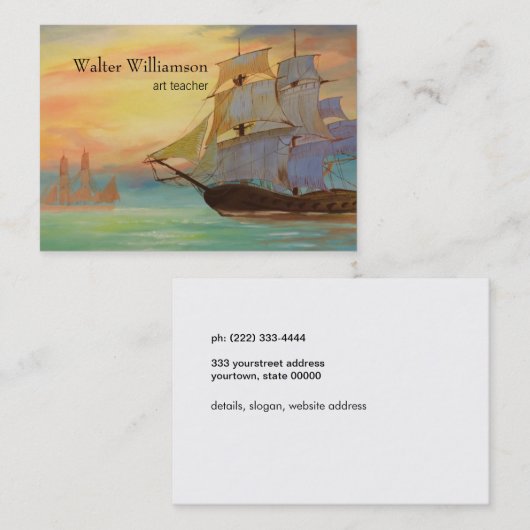 Kunst Leraar, Fine Art Zonsondergang Zeilschepen Visitekaartje (Voorkant / Achterkant)