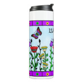 kunst met gepersonaliseerde vlinder en bloemen thermosbeker (Gedraaid links)
