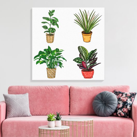 Kunst met handgetekende huisplant canvas afdruk (Insitu (Woonkamer))