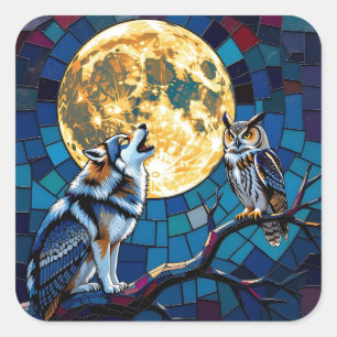 Kunst met mozaïek van wolf en uil vierkante sticker