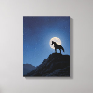 Kunst met silhouet van paard op klif bij maanopkom canvas afdruk