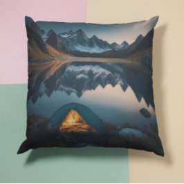 Kunst met tent-, berg- en meer-kampeer thema kussen