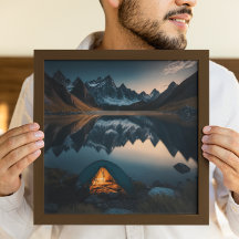Kunst met tent, bergen en meer in kampeerthema