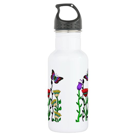 kunst met vlinder en bloemen waterfles (Achterkant)