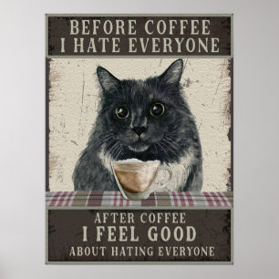 kunst met zwarte sarcastische kat en koffie poster