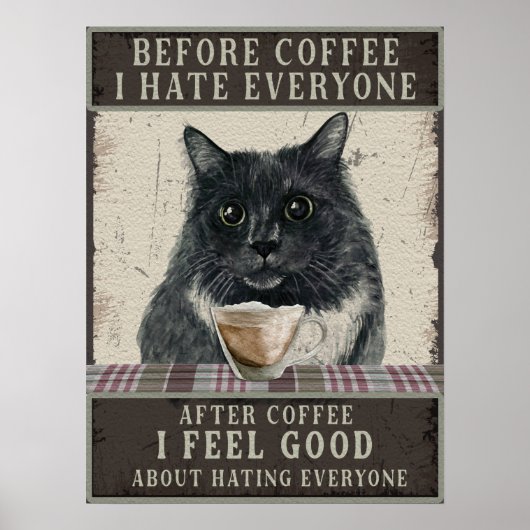  kunst met zwarte sarcastische kat en koffie poster (Voorkant)
