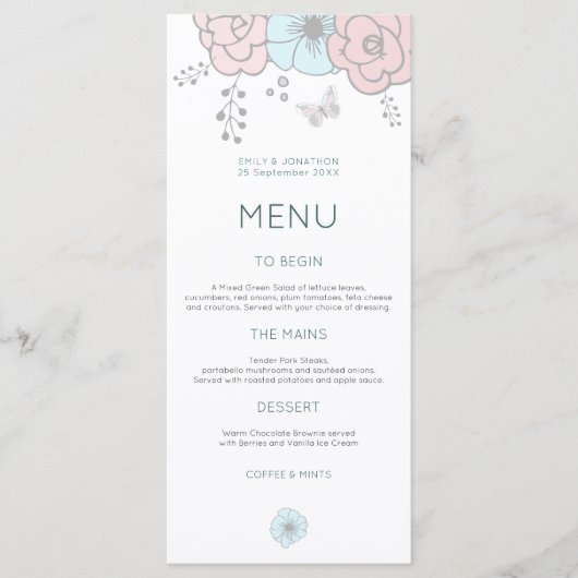 Kunst Moderne Bloemen Vlinder Roze Blauw Bruiloft Menu (Voorkant)