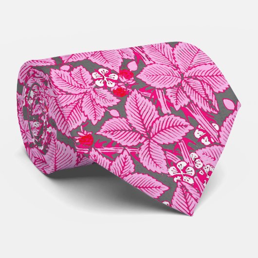 Kunst Nieuwe aardbeien en bladeren, roze en grijs Stropdas (Opgerold)