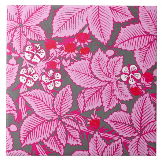 Kunst Nieuwe aardbeien en bladeren, roze en grijs Tegeltje (Voorkant)