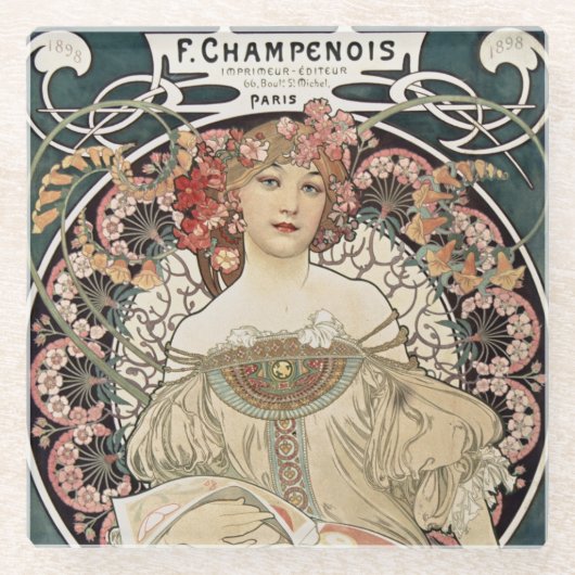  Kunst Nieuwe Alphonse Mucha Kunst schilderen Glazen Onderzetter (Voorkant)