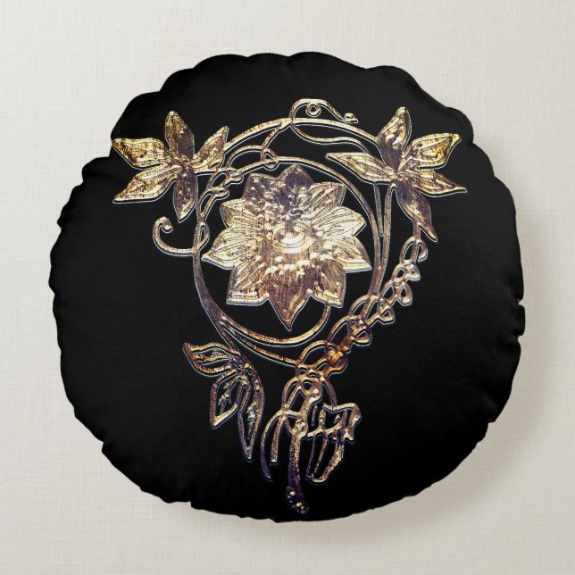 Kunst nieuwe bloem Victoriaans goud en zwart Rond Kussen (Voorkant)