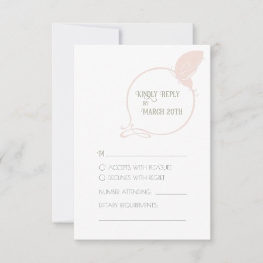  kunst Nieuwe Blush Pink Butterfly Wedding RSVP Kaartje (Voorkant)