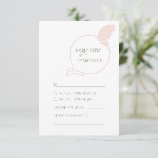  kunst Nieuwe Blush Pink Butterfly Wedding RSVP Kaartje (Staand voorkant)
