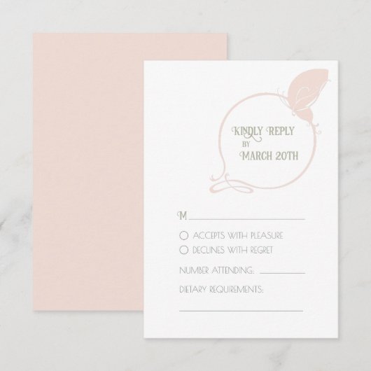  kunst Nieuwe Blush Pink Butterfly Wedding RSVP Kaartje (Voorkant / Achterkant)